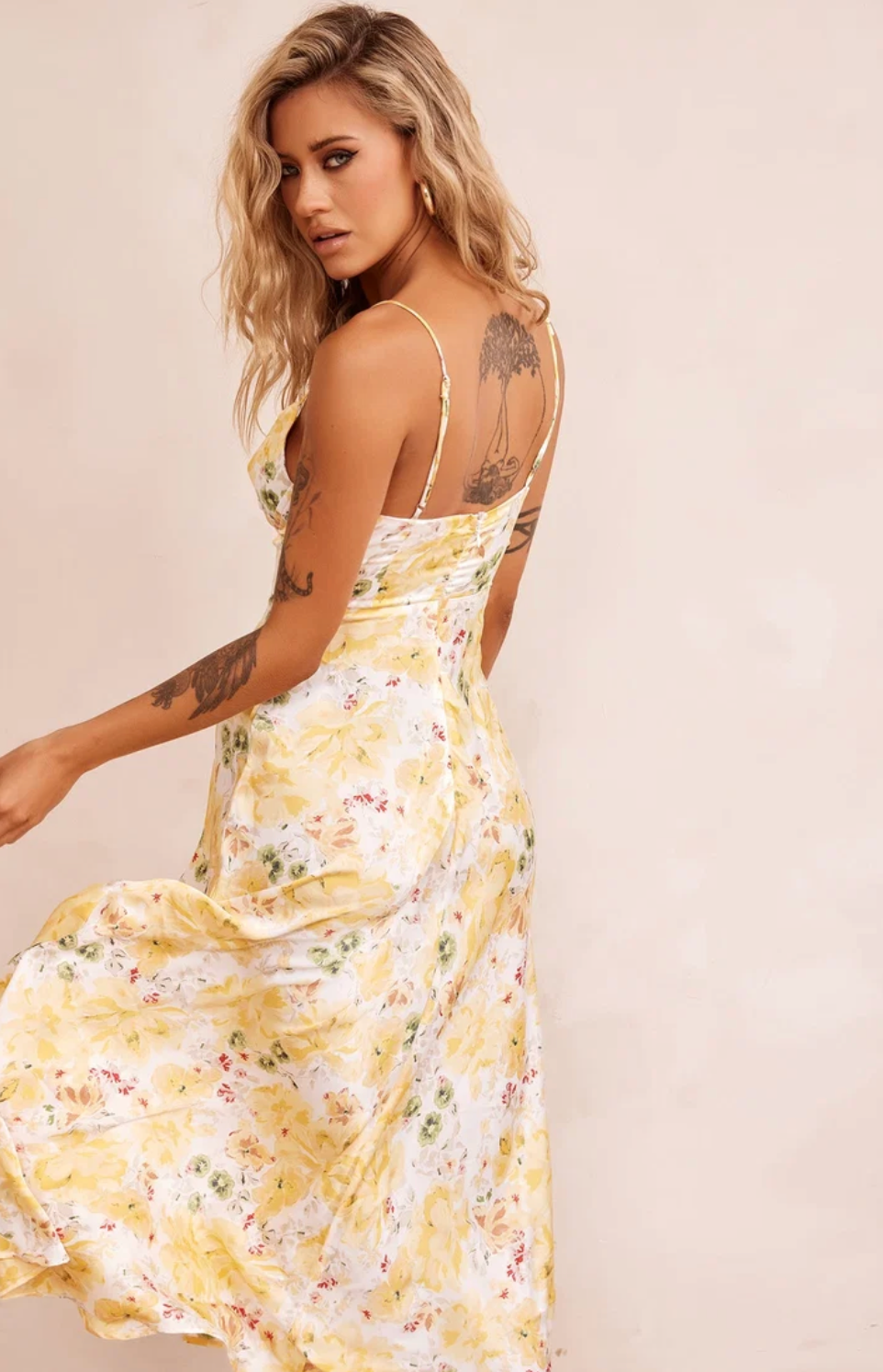 Vintage Summer Satin Midi Dress Yellow