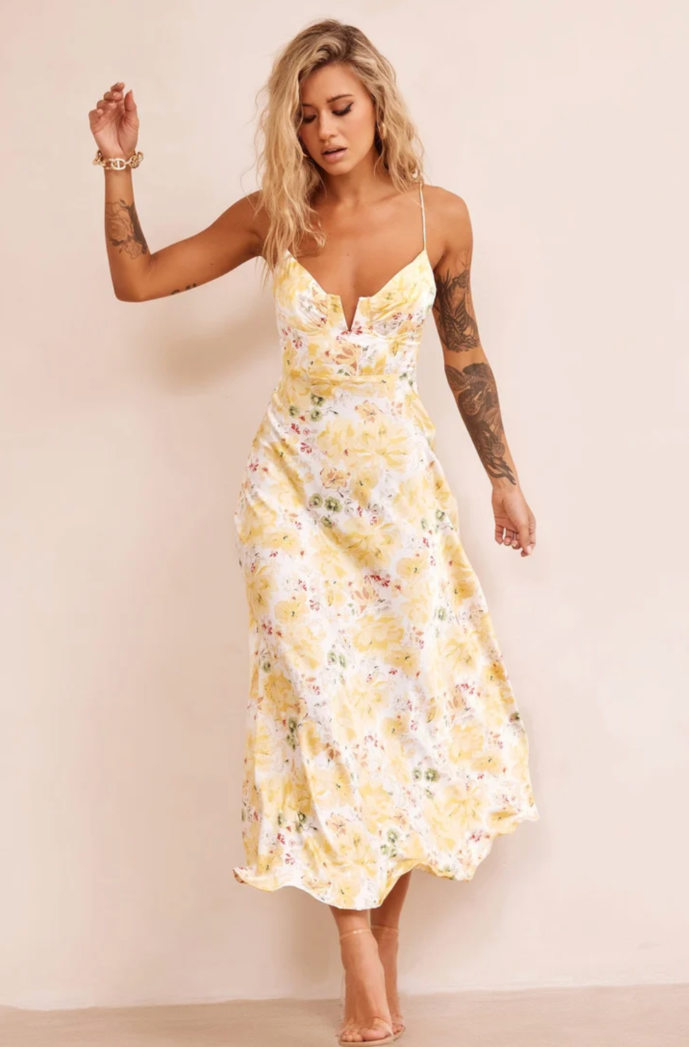 Vintage Summer Satin Midi Dress Yellow